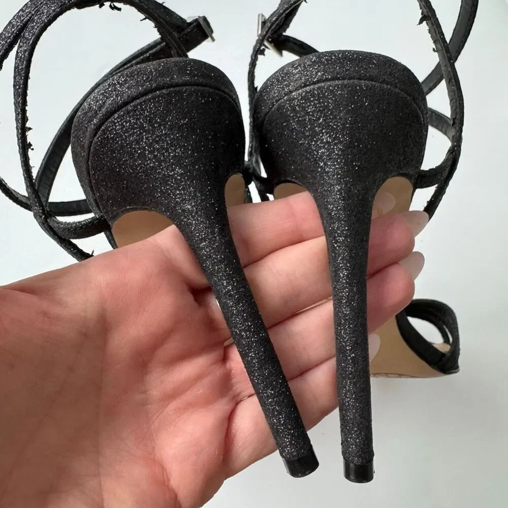 Badgley Mischka Open Toe Black Metallic Stiletto Party Strappy 4.5” Heel Size 10